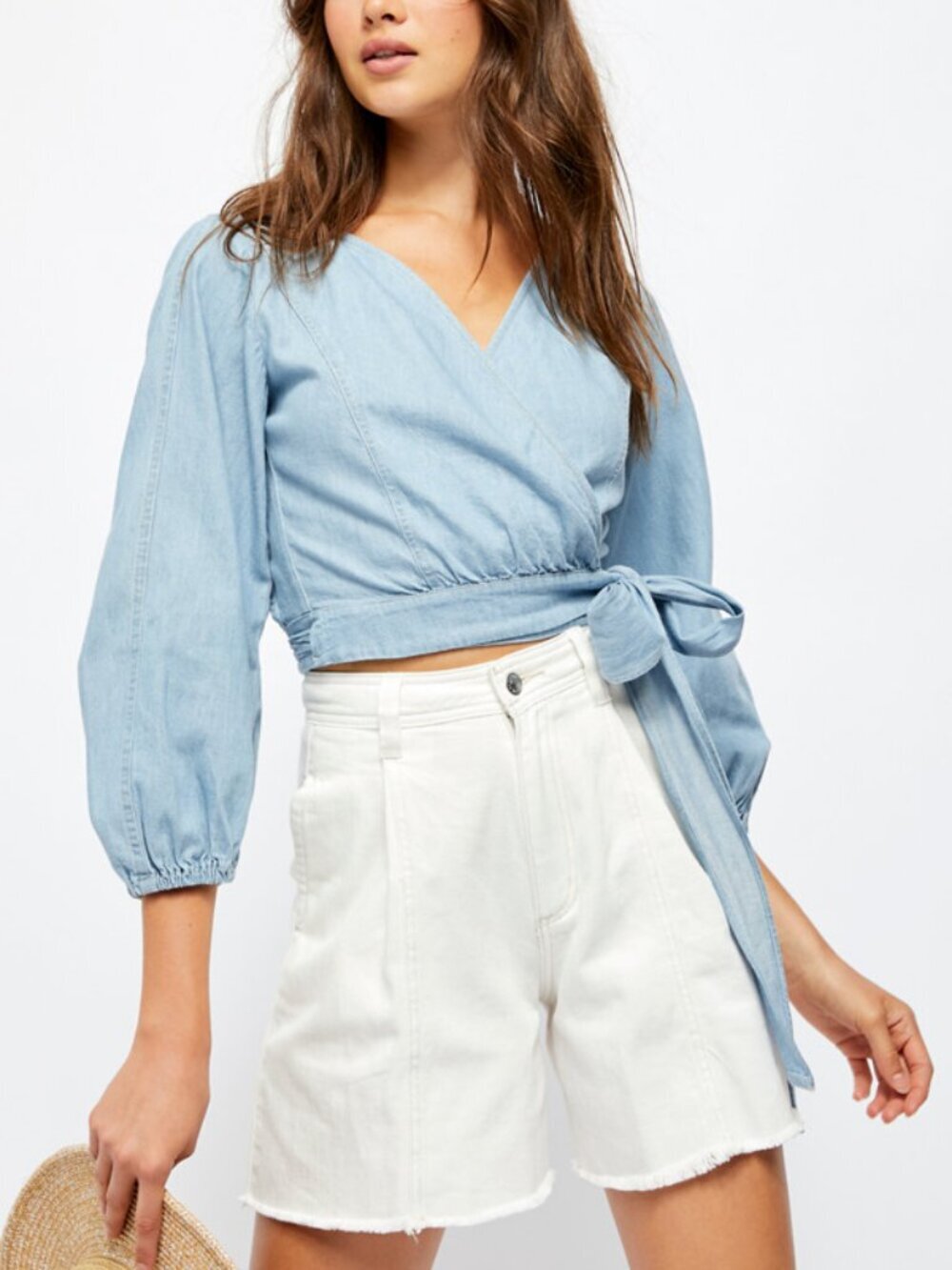 Free People Sophie Denim Top Wrap Crop Blouse Puff Poof Sleeve Feminine Cropped